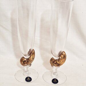 Pair Royal Copenhagen Crystal NEPTUNE Millennium Shell Champagne Glsses Flutes
